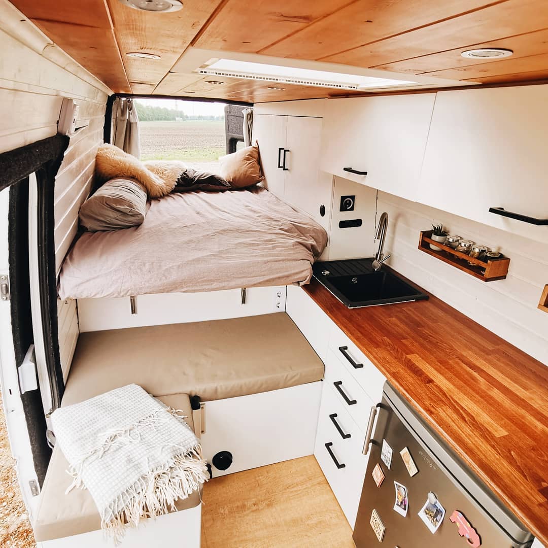 Camper Bed With Warm Wood and Taupe