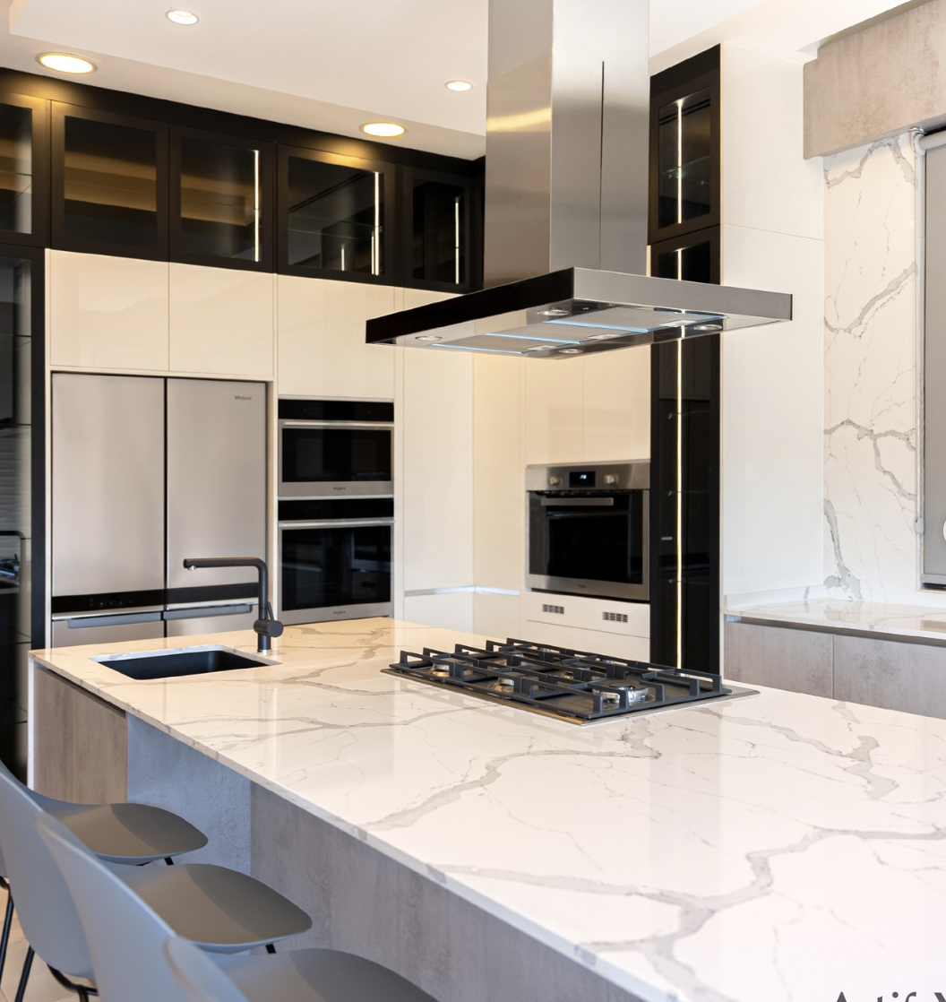 White and Black Cabinets Above the Fridge