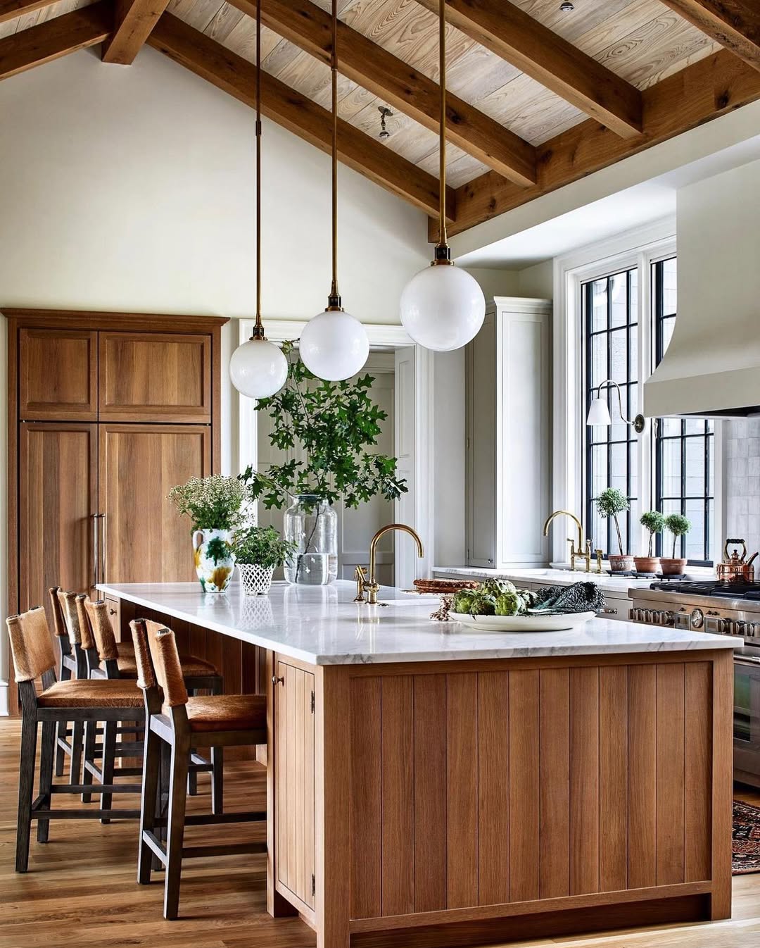 Globe Pendants Beneath Exposed Beams
