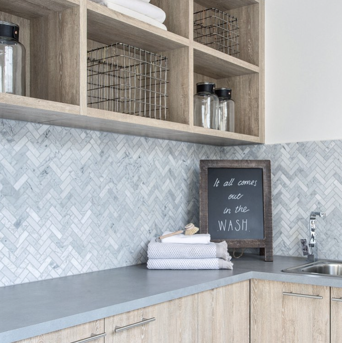 Grey Herringbone Kitchen Backsplash