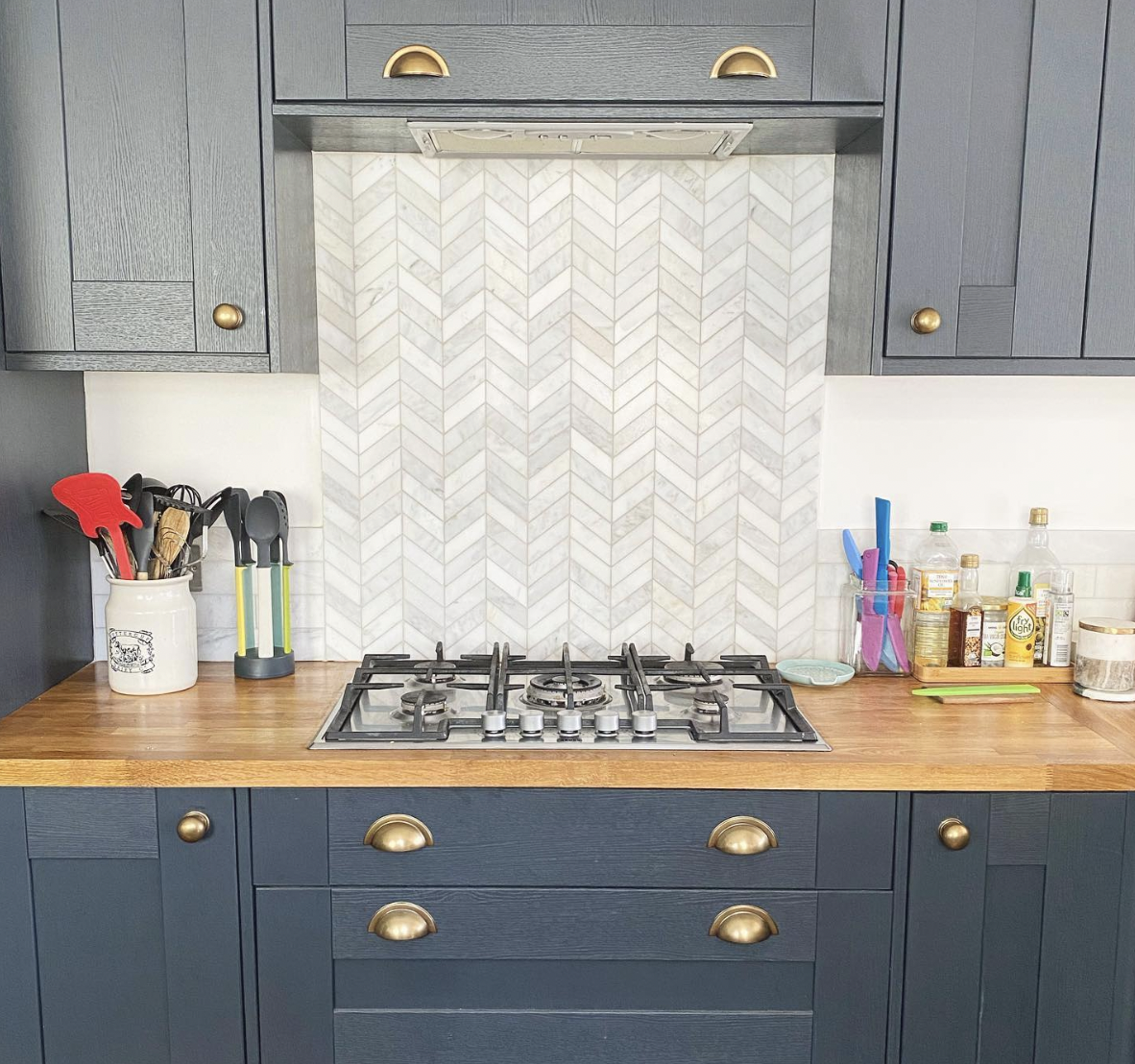 Grey And White Herringbone Backsplash