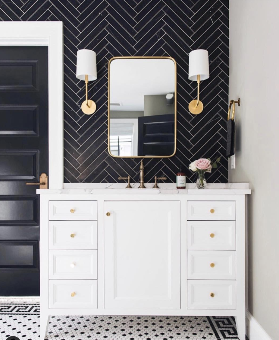Black Herringbone Tile Backsplash For A Bathroom Vanity
