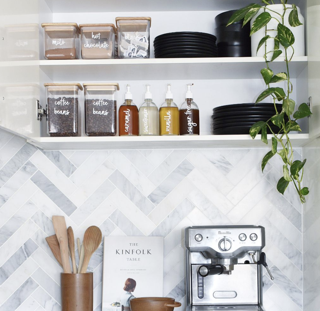 White Herringbone Backsplash in the Kitchen