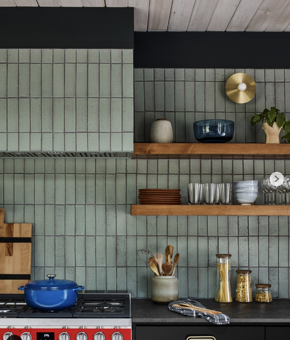 Sage Green Brick Backsplash and Floating Wood Shelves