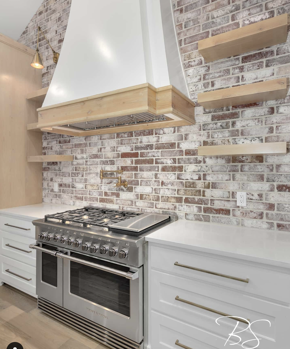 Faux Brick Wall Backsplash With Floating Wooden Shelves