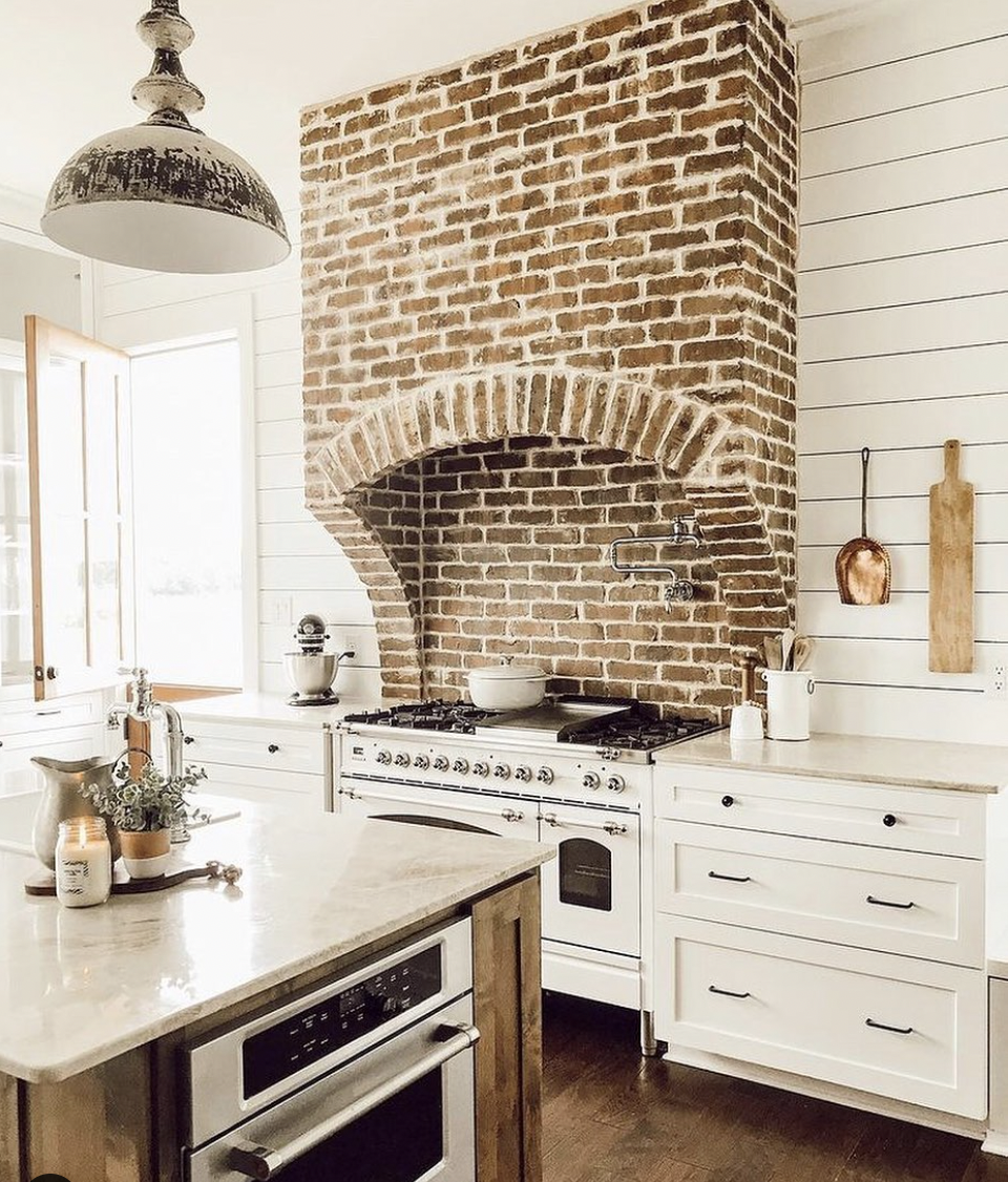 Kitchen Feature Wall Combining Brown Brick and Shiplap