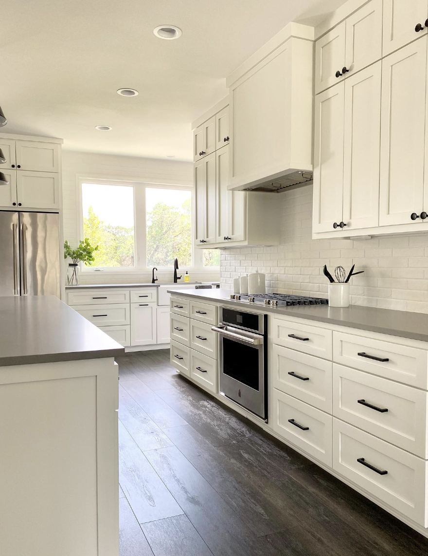 White Brick Backsplash, Grey Countertops