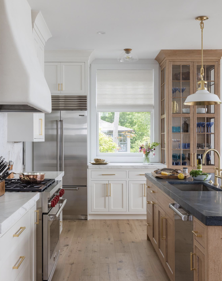 Two-Tone White and Wood Cabinets with Crown Molding