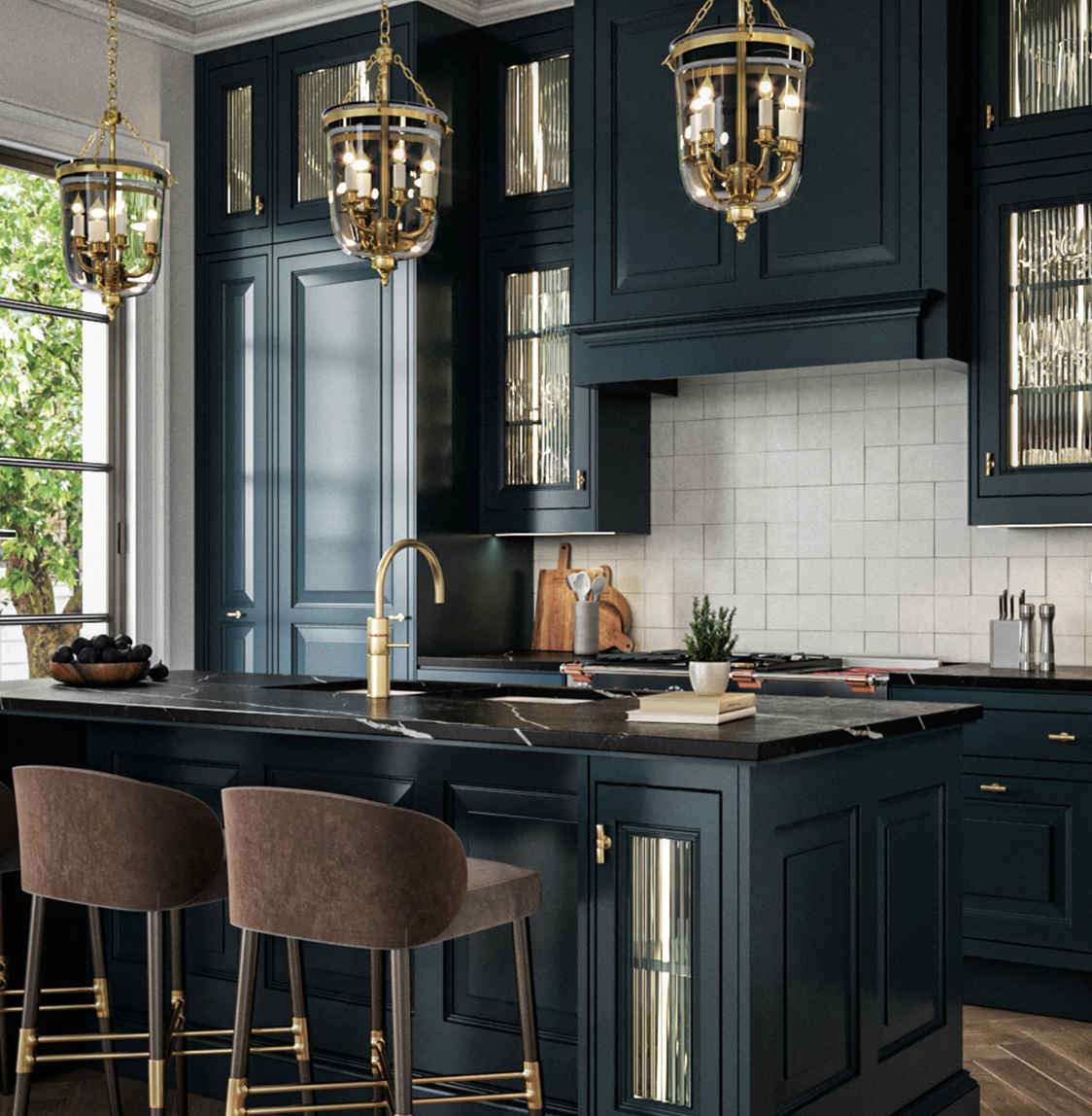 Turquoise Blue Cabinets with Gold Fixtures