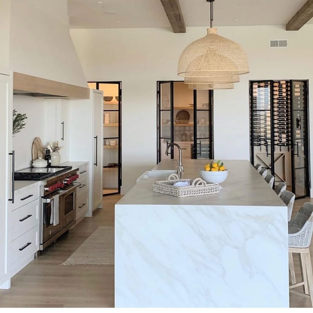 White Kitchen Featuring Black-Framed Glass Pantry Doors