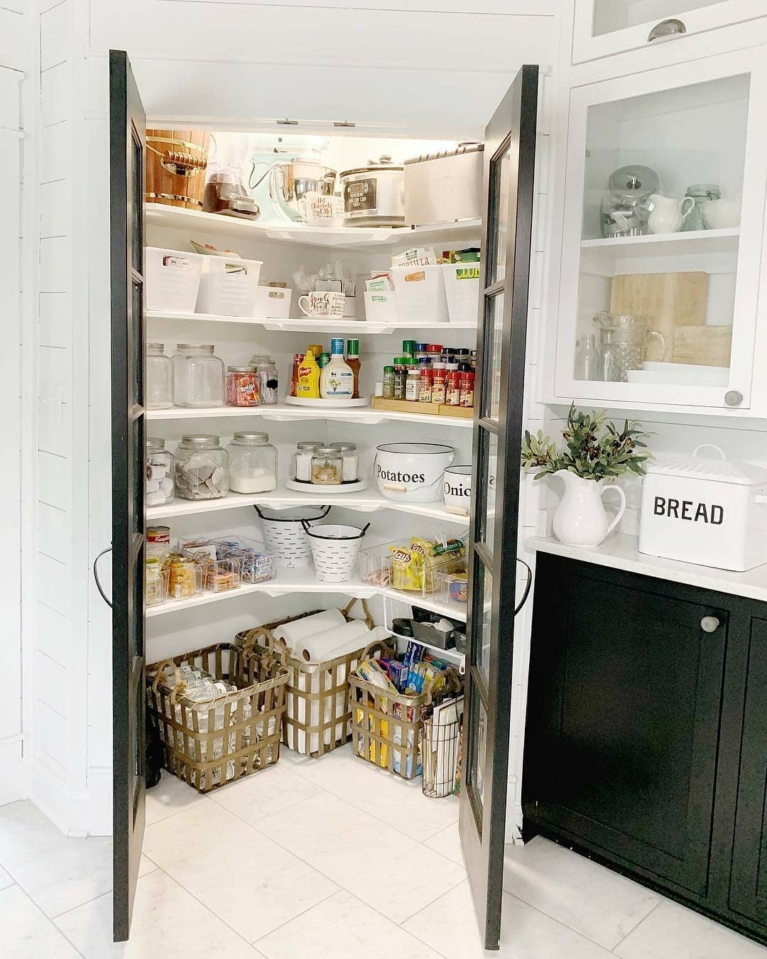 Ideas for a Black Glass Pantry Door With White Shelves