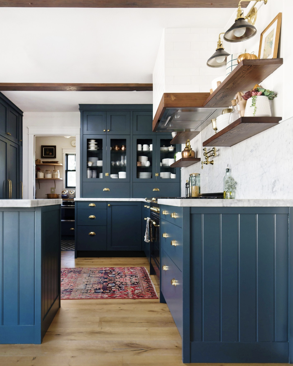 Deep Blue Cabinets With Central Glass Doors