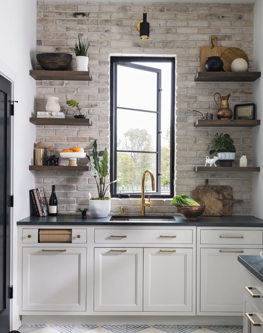 Wood Shelves With White Base Cabinets And Stone Wall