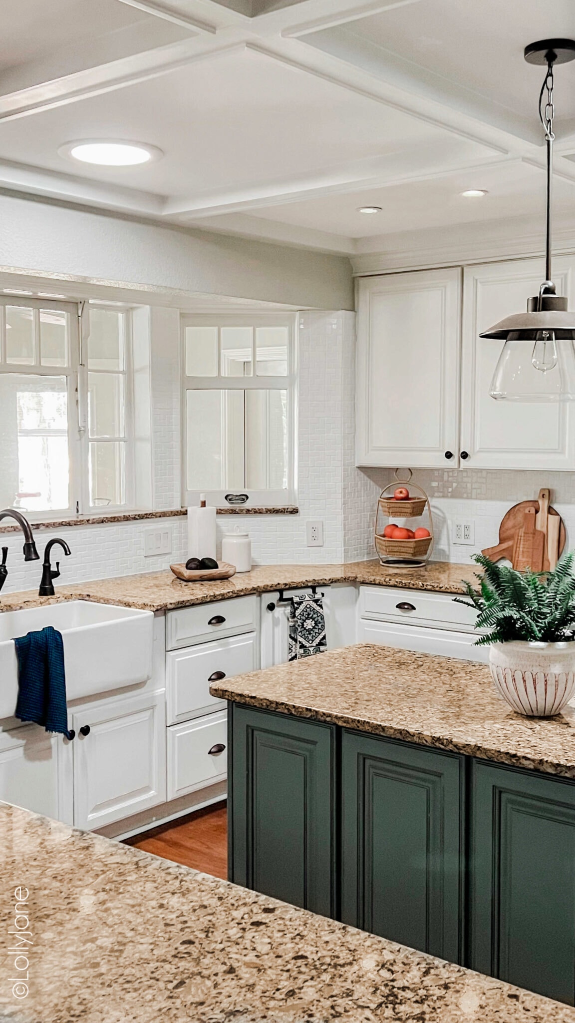 Two-Tone Teal and White Cabinets
