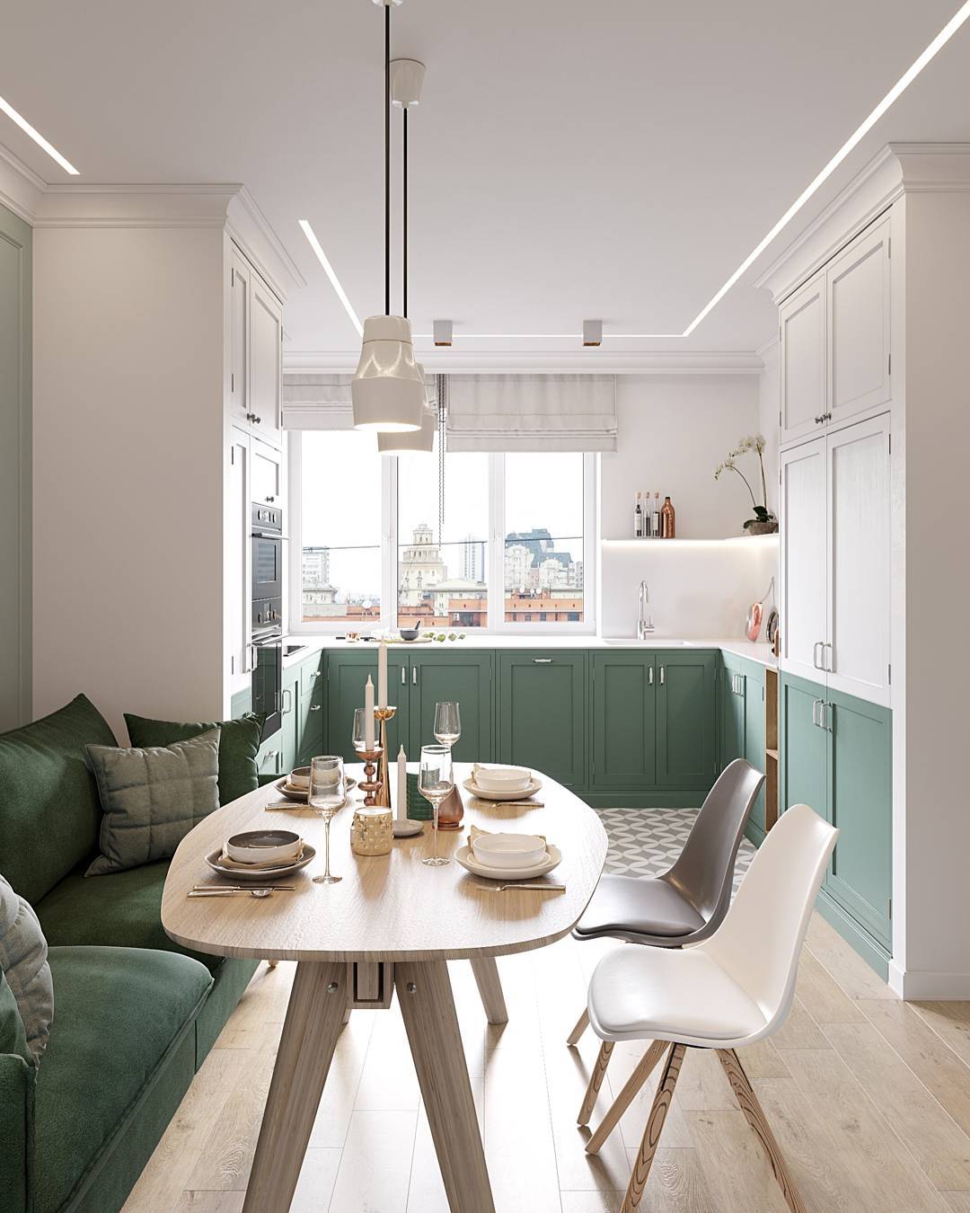 Green Cabinets with White Accents