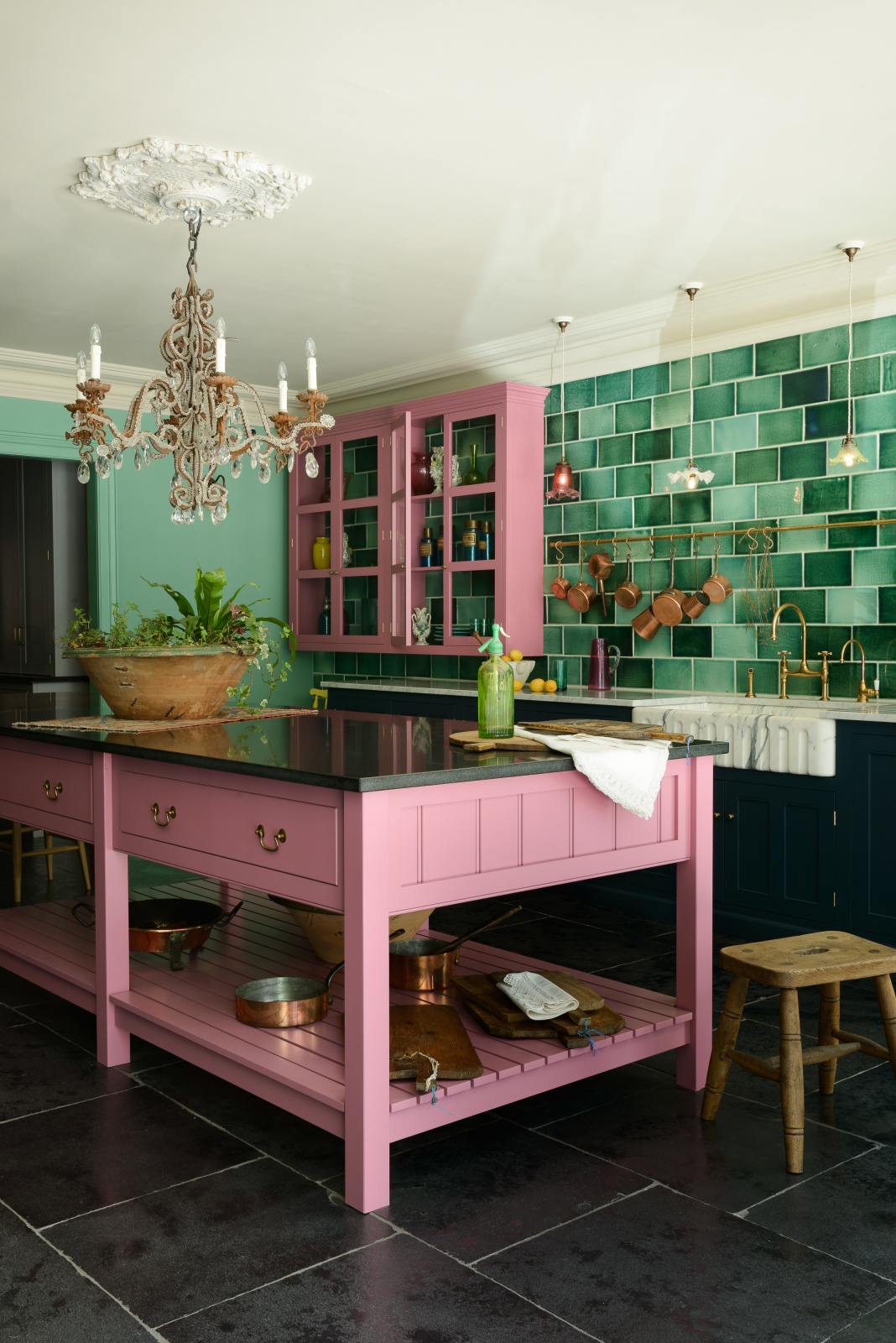 Kitchen Cabinets in Pink and Green